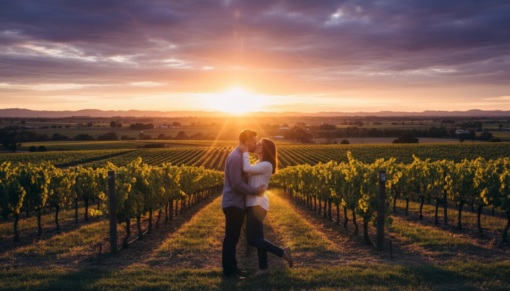 An epic, dramatic wide shot capturing a couple sharing a tender kiss at sunset, silhouetted against the rolling hills and vineyards of Gisborne, Victoria, embodying Scenic Gisborne Engagement Photography Ideas, with golden hour light and a dreamy, romantic mood.