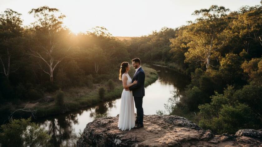 An epic moment captured during Scenic Warrandyte Pre-Wedding Photography Adventures Victoria, featuring a couple embracing dramatically by the Yarra River at sunset, with golden light filtering through the eucalypt trees, showcasing their profound connection.