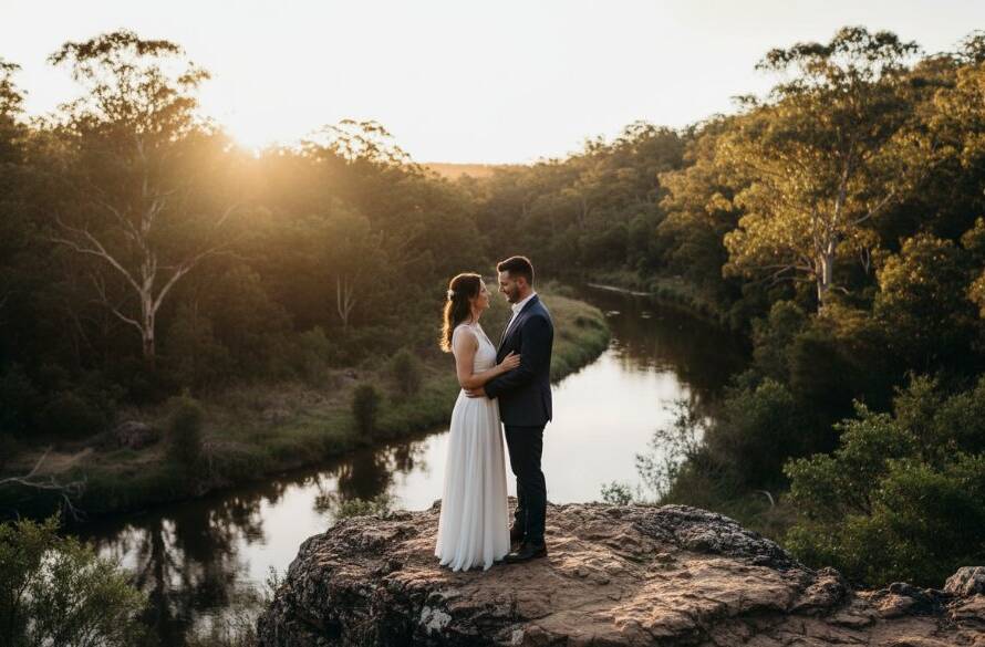 An epic moment captured during Scenic Warrandyte Pre-Wedding Photography Adventures Victoria, featuring a couple embracing dramatically by the Yarra River at sunset, with golden light filtering through the eucalypt trees, showcasing their profound connection.