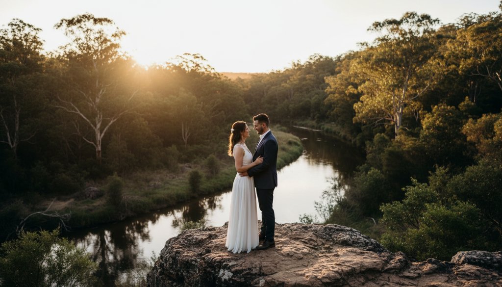 An epic moment captured during Scenic Warrandyte Pre-Wedding Photography Adventures Victoria, featuring a couple embracing dramatically by the Yarra River at sunset, with golden light filtering through the eucalypt trees, showcasing their profound connection.