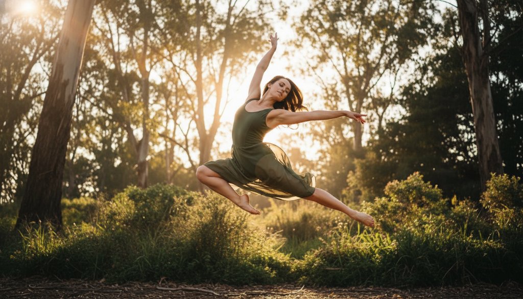 Dramatic professional photograph featuring a dancer in dynamic mid-air motion, showcasing an epic moment from a Scoresby contemporary dance photoshoot experience, with warm backlighting and a blurred Scoresby park background.