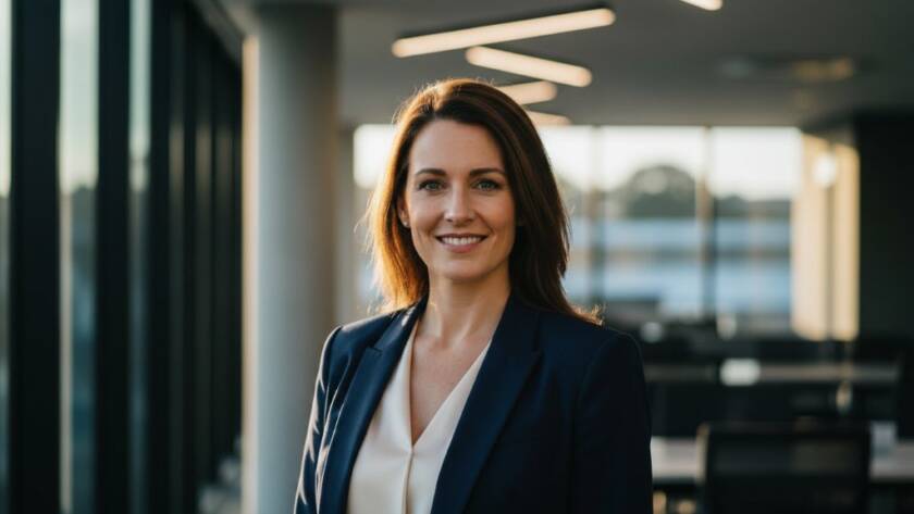 A dynamic Scoresby corporate headshot that radiates professional confidence, featuring a diverse business professional in a modern office environment, bathed in warm, cinematic lighting, looking directly at the camera with a confident smile.