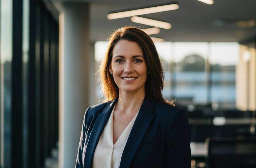 A dynamic Scoresby corporate headshot that radiates professional confidence, featuring a diverse business professional in a modern office environment, bathed in warm, cinematic lighting, looking directly at the camera with a confident smile.