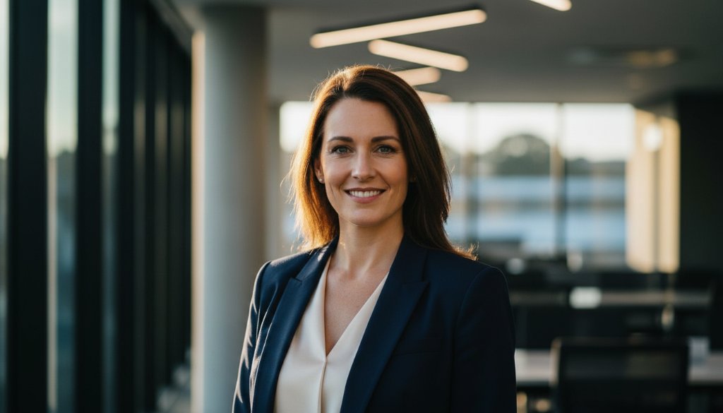 A dynamic Scoresby corporate headshot that radiates professional confidence, featuring a diverse business professional in a modern office environment, bathed in warm, cinematic lighting, looking directly at the camera with a confident smile.