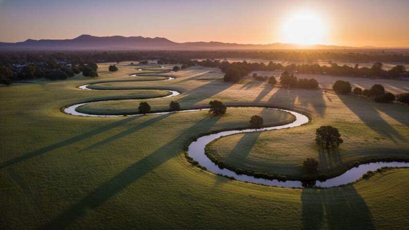 An epic moment captured with Scoresby drone photography Victoria breathtaking views, showcasing a vibrant sunset over the tranquil Llewellyn Park, a drone gracefully capturing the golden hour glow reflecting off the Dandenong Creek, creating a stunning aerial landscape.