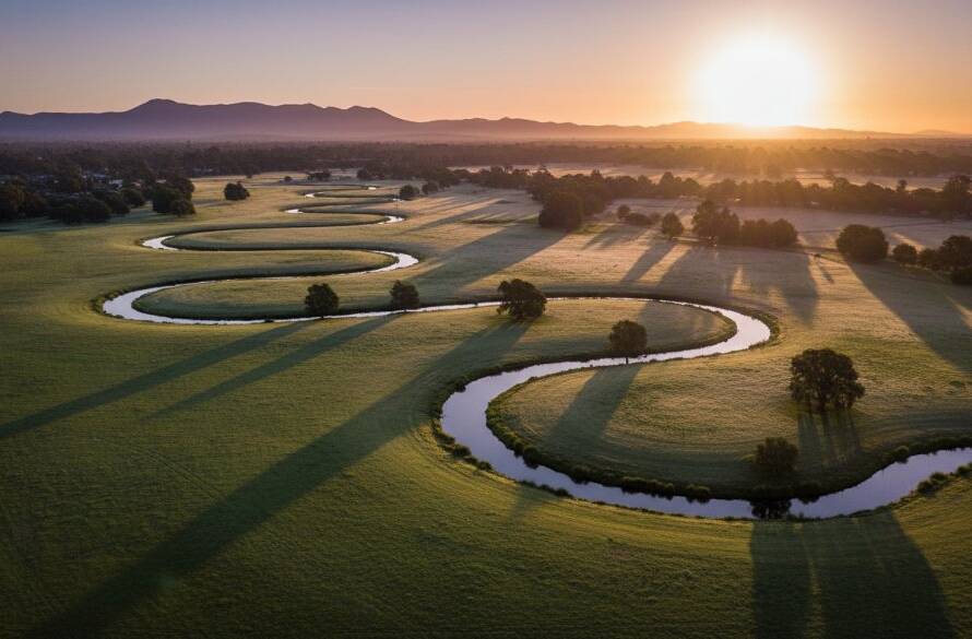 An epic moment captured with Scoresby drone photography Victoria breathtaking views, showcasing a vibrant sunset over the tranquil Llewellyn Park, a drone gracefully capturing the golden hour glow reflecting off the Dandenong Creek, creating a stunning aerial landscape.