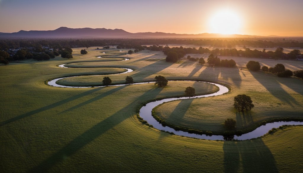 An epic moment captured with Scoresby drone photography Victoria breathtaking views, showcasing a vibrant sunset over the tranquil Llewellyn Park, a drone gracefully capturing the golden hour glow reflecting off the Dandenong Creek, creating a stunning aerial landscape.