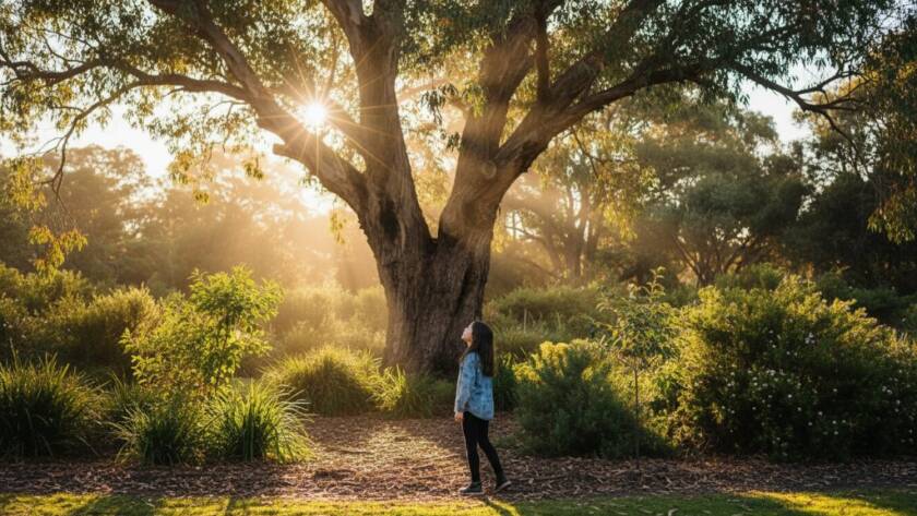 Scoresby family kids photography timeless portraits: A young girl joyfully running through a sun-drenched, leafy park in Scoresby, Victoria, with a wide, authentic smile, captured in a dynamic, 'epic moment' style with professional colour grading and dramatic backlighting.