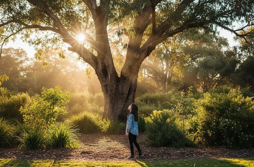 Scoresby family kids photography timeless portraits: A young girl joyfully running through a sun-drenched, leafy park in Scoresby, Victoria, with a wide, authentic smile, captured in a dynamic, 'epic moment' style with professional colour grading and dramatic backlighting.