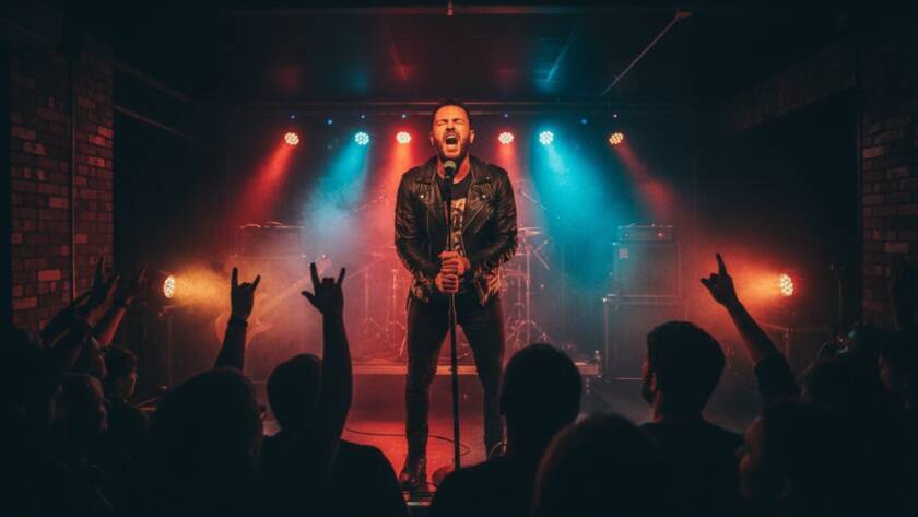 Dramatic wide shot of a lead guitarist mid-shred on stage at a local Scoresby venue, bathed in vibrant blue and purple stage lights, capturing vibrant energy, with the crowd's hands raised in the foreground, showcasing an epic moment of Scoresby live concert photography.