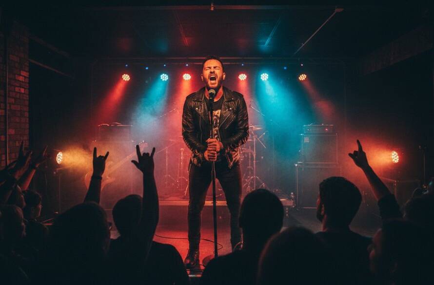 Dramatic wide shot of a lead guitarist mid-shred on stage at a local Scoresby venue, bathed in vibrant blue and purple stage lights, capturing vibrant energy, with the crowd's hands raised in the foreground, showcasing an epic moment of Scoresby live concert photography.