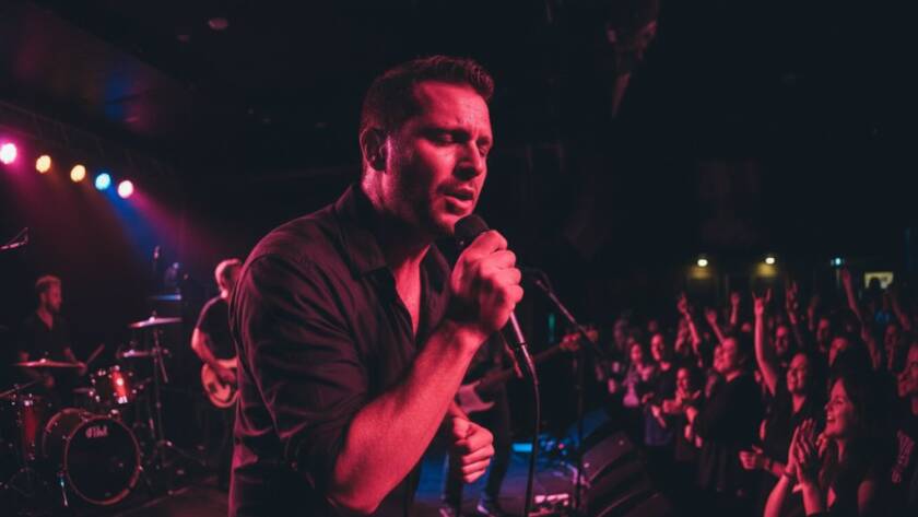 Dynamic stage view showcasing Scoresby live music photography captures local rhythm, with a guitarist mid-shred, bathed in dramatic magenta and blue stage lights, surrounded by an energetic, silhouetted crowd.