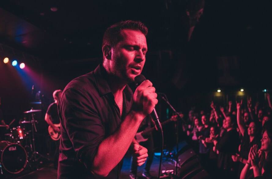 Dynamic stage view showcasing Scoresby live music photography captures local rhythm, with a guitarist mid-shred, bathed in dramatic magenta and blue stage lights, surrounded by an energetic, silhouetted crowd.