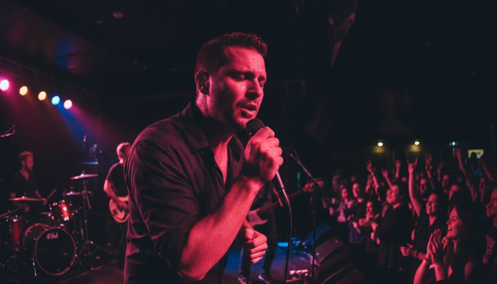 Dynamic stage view showcasing Scoresby live music photography captures local rhythm, with a guitarist mid-shred, bathed in dramatic magenta and blue stage lights, surrounded by an energetic, silhouetted crowd.