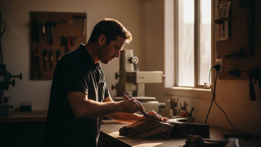 Dramatic shot of a small business owner in Scoresby, Victoria, showcasing their product with passion, captured for Scoresby local business editorial photography. Professional lighting highlights an epic moment of brand dedication.