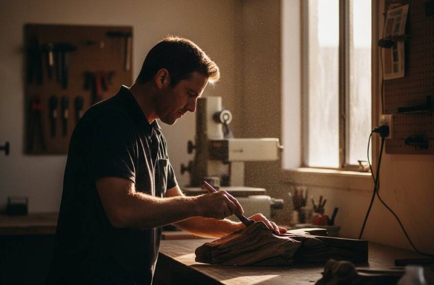 Dramatic shot of a small business owner in Scoresby, Victoria, showcasing their product with passion, captured for Scoresby local business editorial photography. Professional lighting highlights an epic moment of brand dedication.