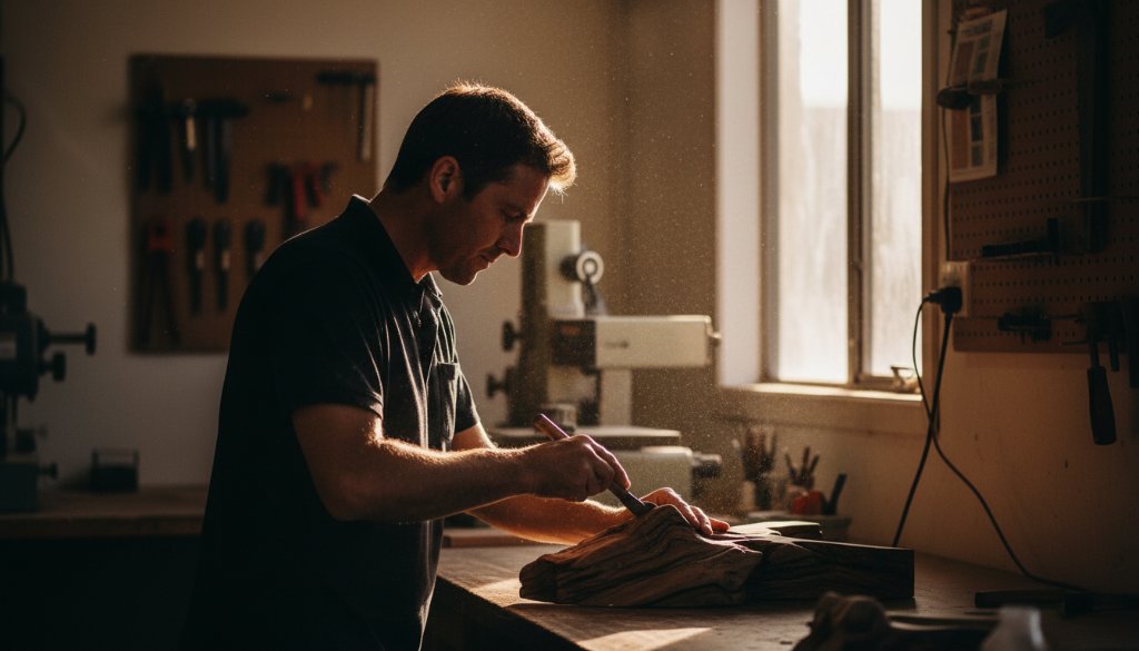 Dramatic shot of a small business owner in Scoresby, Victoria, showcasing their product with passion, captured for Scoresby local business editorial photography. Professional lighting highlights an epic moment of brand dedication.