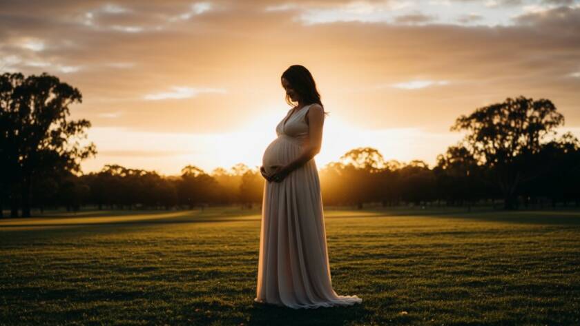 An epic moment photograph capturing a pregnant woman glowing during Scoresby Maternity Photography Outdoor Glow Portraits, silhouetted against a golden hour sunset in a scenic Scoresby park, professional and cinematic.