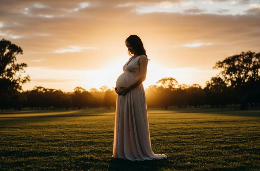 An epic moment photograph capturing a pregnant woman glowing during Scoresby Maternity Photography Outdoor Glow Portraits, silhouetted against a golden hour sunset in a scenic Scoresby park, professional and cinematic.