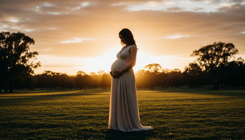 An epic moment photograph capturing a pregnant woman glowing during Scoresby Maternity Photography Outdoor Glow Portraits, silhouetted against a golden hour sunset in a scenic Scoresby park, professional and cinematic.