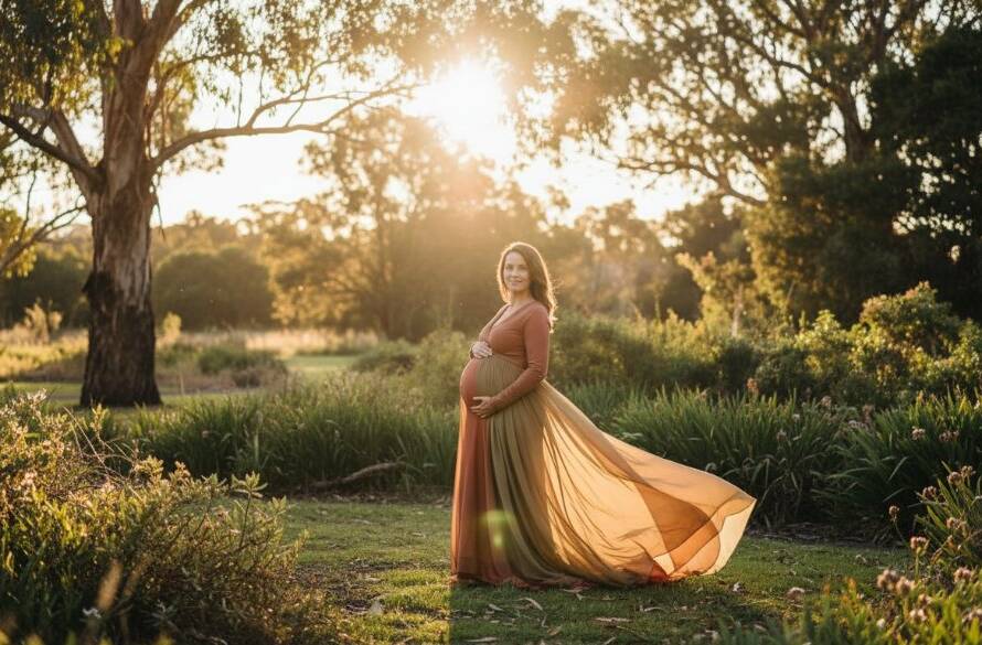 An expectant mother in Scoresby is captured in an epic, glowing outdoor maternity portrait at sunset, showcasing the beauty of Scoresby maternity photography outdoor glowing portraits with dramatic, golden hour lighting.