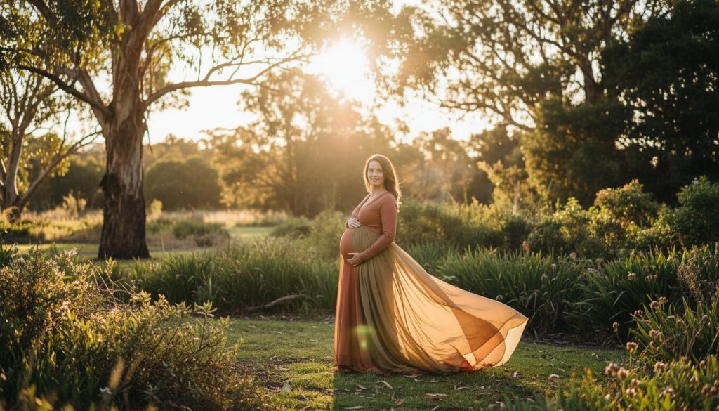An expectant mother in Scoresby is captured in an epic, glowing outdoor maternity portrait at sunset, showcasing the beauty of Scoresby maternity photography outdoor glowing portraits with dramatic, golden hour lighting.