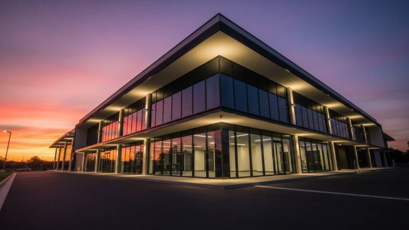 Dramatic wide-angle shot of a sleek, modern commercial building in Scoresby, Victoria, bathed in the golden light of a setting sun, highlighting its innovative design and glass facades, exemplifying Scoresby modern commercial architecture photography at its finest, with reflections of a vibrant sky on the polished surfaces.