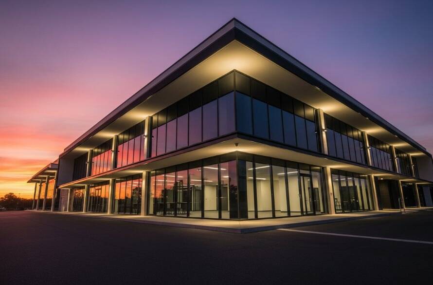 Dramatic wide-angle shot of a sleek, modern commercial building in Scoresby, Victoria, bathed in the golden light of a setting sun, highlighting its innovative design and glass facades, exemplifying Scoresby modern commercial architecture photography at its finest, with reflections of a vibrant sky on the polished surfaces.