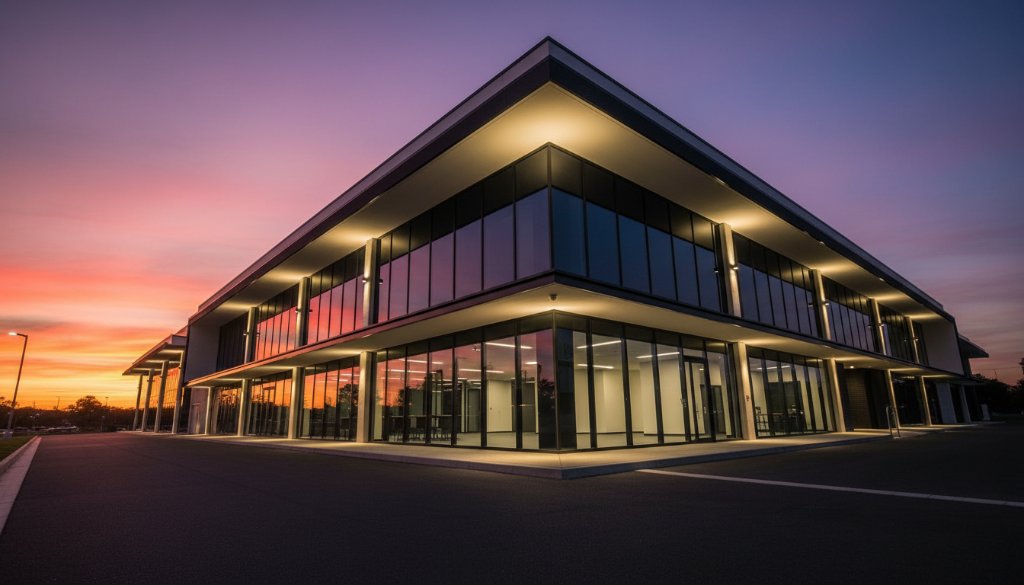 Dramatic wide-angle shot of a sleek, modern commercial building in Scoresby, Victoria, bathed in the golden light of a setting sun, highlighting its innovative design and glass facades, exemplifying Scoresby modern commercial architecture photography at its finest, with reflections of a vibrant sky on the polished surfaces.