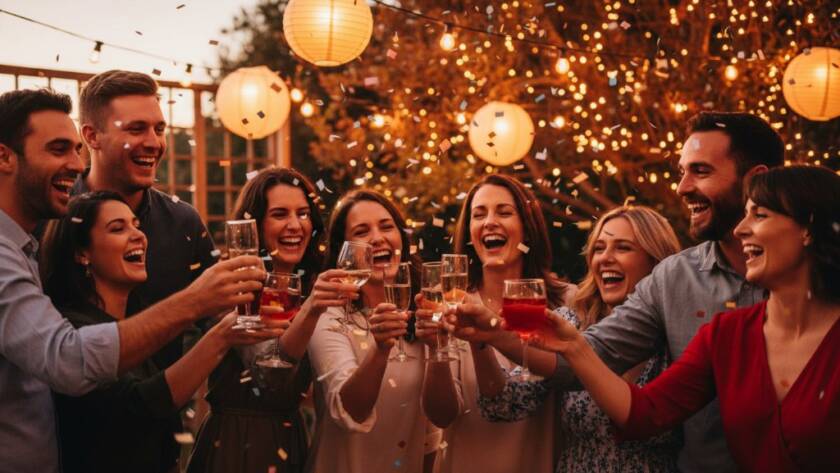 Vibrant Scoresby party photography capturing an unforgettable moment: guests laughing and dancing under string lights at a twilight outdoor celebration, with dramatic backlighting and professional colour grading.