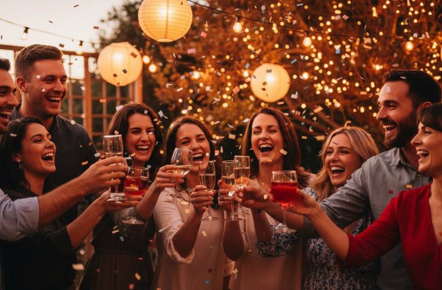 Vibrant Scoresby party photography capturing an unforgettable moment: guests laughing and dancing under string lights at a twilight outdoor celebration, with dramatic backlighting and professional colour grading.