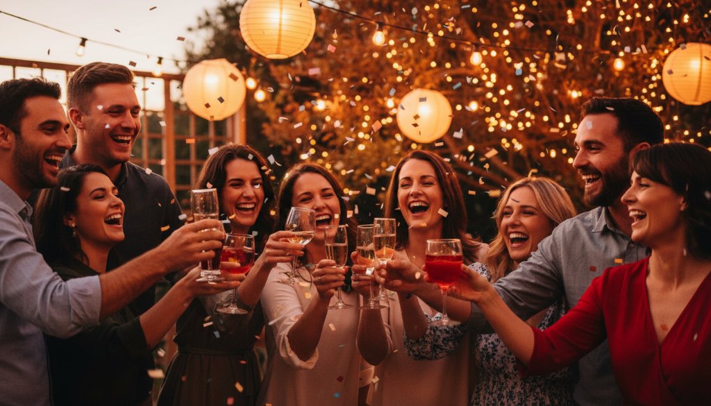 Vibrant Scoresby party photography capturing an unforgettable moment: guests laughing and dancing under string lights at a twilight outdoor celebration, with dramatic backlighting and professional colour grading.