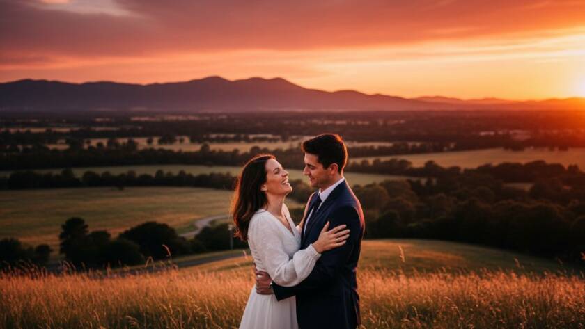 A romantic Scoresby Pre-Wedding Photography Dandenong Foothills epic moment, capturing a couple embracing passionately at sunset in a lush Scoresby parkland, with the Dandenong Ranges subtly silhouetted in the golden hour light, shot from a low angle with dramatic flair and professional color grading.