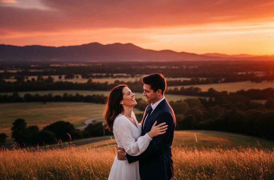 A romantic Scoresby Pre-Wedding Photography Dandenong Foothills epic moment, capturing a couple embracing passionately at sunset in a lush Scoresby parkland, with the Dandenong Ranges subtly silhouetted in the golden hour light, shot from a low angle with dramatic flair and professional color grading.