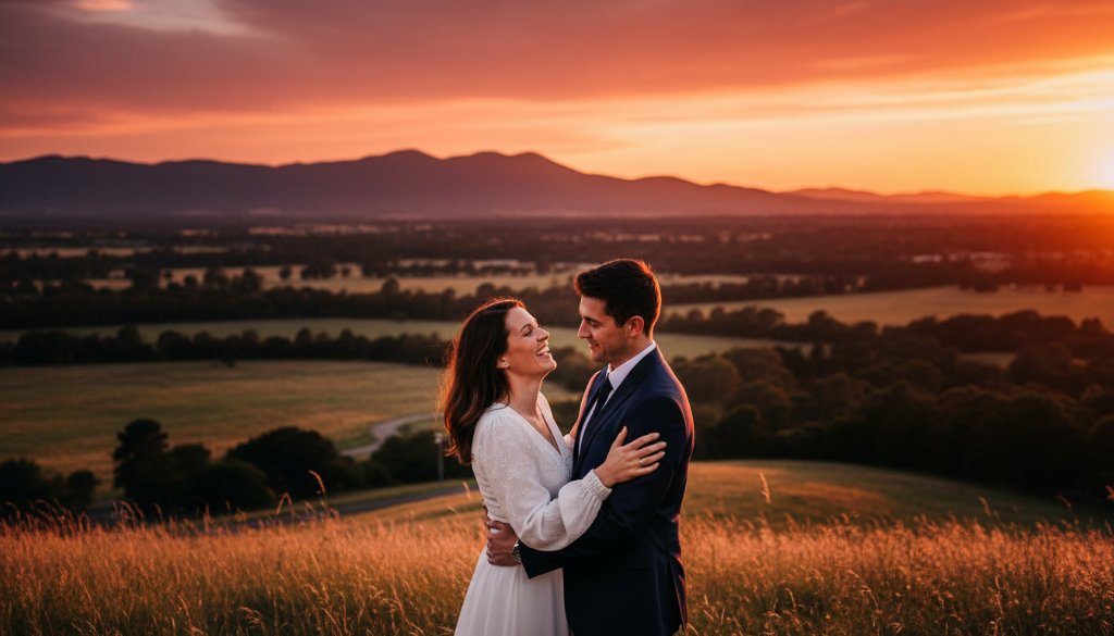 A romantic Scoresby Pre-Wedding Photography Dandenong Foothills epic moment, capturing a couple embracing passionately at sunset in a lush Scoresby parkland, with the Dandenong Ranges subtly silhouetted in the golden hour light, shot from a low angle with dramatic flair and professional color grading.