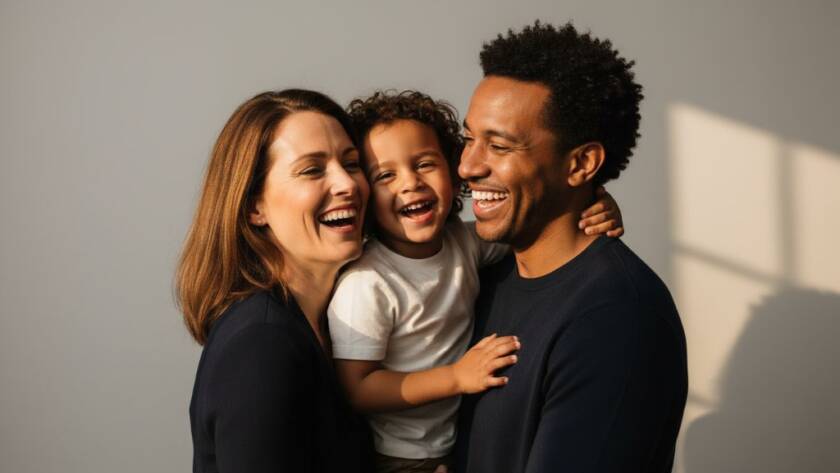 An emotive, cinematic shot of a young family laughing heartily during a Scoresby professional studio portraits with natural light session, bathed in soft, warm window light against a minimalist backdrop, capturing a joyful and authentic family bond.