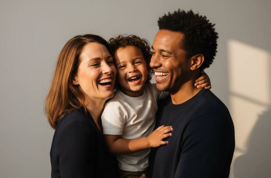 An emotive, cinematic shot of a young family laughing heartily during a Scoresby professional studio portraits with natural light session, bathed in soft, warm window light against a minimalist backdrop, capturing a joyful and authentic family bond.