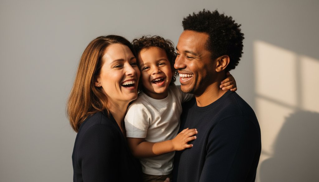 An emotive, cinematic shot of a young family laughing heartily during a Scoresby professional studio portraits with natural light session, bathed in soft, warm window light against a minimalist backdrop, capturing a joyful and authentic family bond.