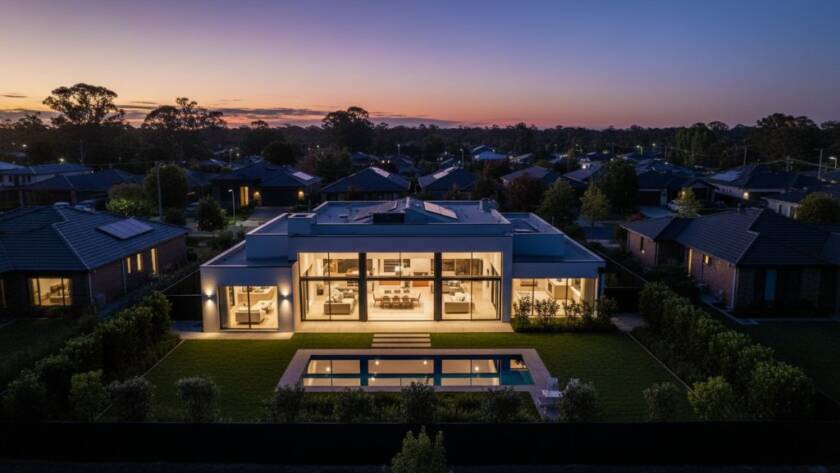 An aerial twilight photograph of a modern family home in Scoresby, Victoria, featuring beautifully lit interiors and a meticulously landscaped garden, with the soft, warm glow of a sunset in the background. This image exemplifies high-quality Scoresby property listing photography solutions.