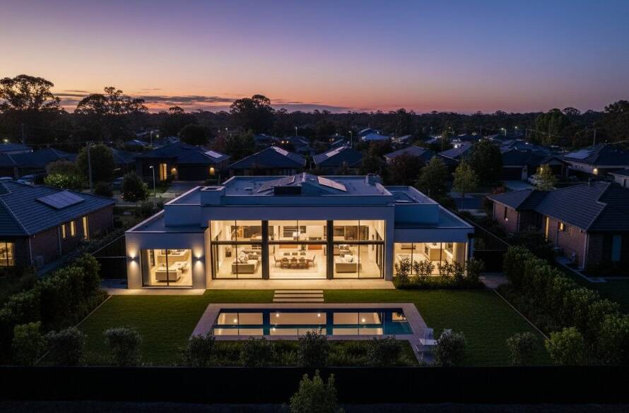An aerial twilight photograph of a modern family home in Scoresby, Victoria, featuring beautifully lit interiors and a meticulously landscaped garden, with the soft, warm glow of a sunset in the background. This image exemplifies high-quality Scoresby property listing photography solutions.