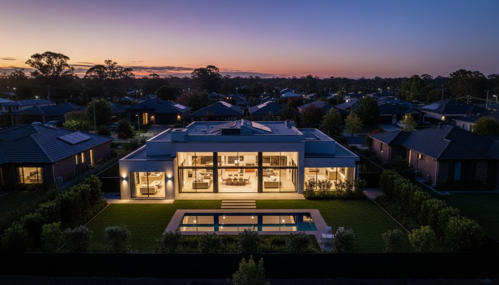 An aerial twilight photograph of a modern family home in Scoresby, Victoria, featuring beautifully lit interiors and a meticulously landscaped garden, with the soft, warm glow of a sunset in the background. This image exemplifies high-quality Scoresby property listing photography solutions.