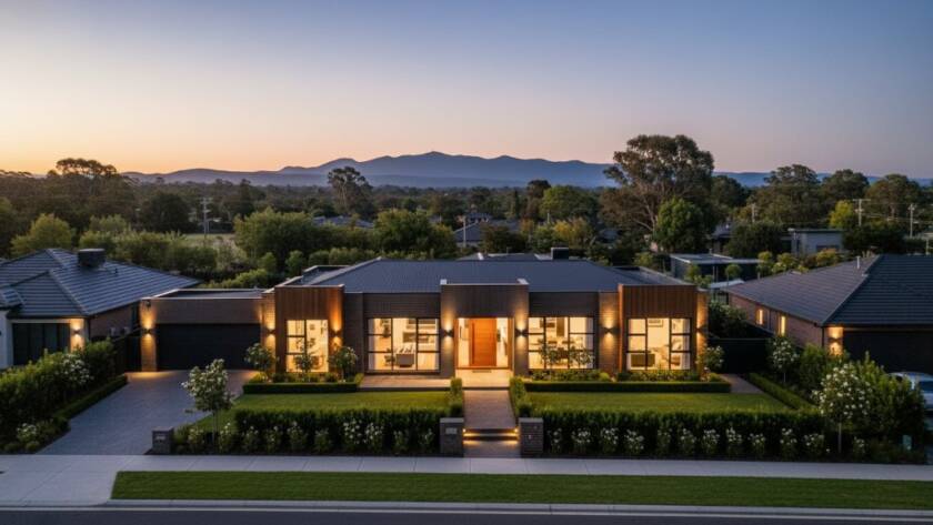 Aerial drone shot showcasing a beautifully lit modern home in Scoresby, Victoria at sunset, with lush green gardens and a distant view of the Dandenong Ranges, expertly captured by Scoresby real estate photography boosting property sales.