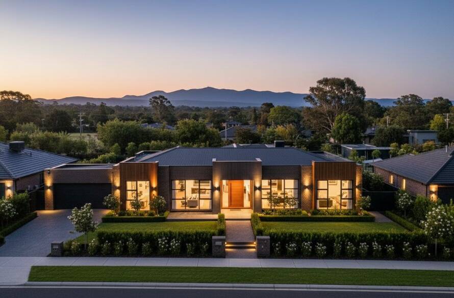 Aerial drone shot showcasing a beautifully lit modern home in Scoresby, Victoria at sunset, with lush green gardens and a distant view of the Dandenong Ranges, expertly captured by Scoresby real estate photography boosting property sales.