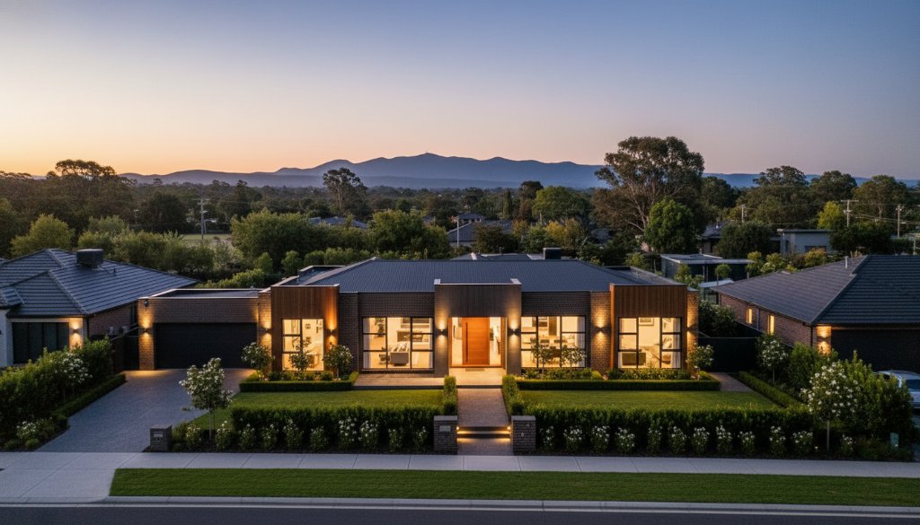 Aerial drone shot showcasing a beautifully lit modern home in Scoresby, Victoria at sunset, with lush green gardens and a distant view of the Dandenong Ranges, expertly captured by Scoresby real estate photography boosting property sales.