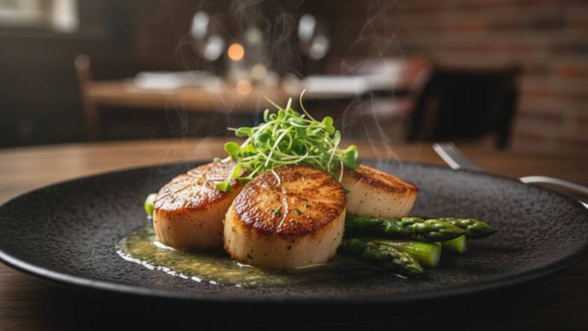 A dramatic, close-up shot of a perfectly plated, sizzling dish from a Scoresby restaurant, highlighting the textures and vibrant colours, embodying Scoresby restaurant food photography that captures flavour with steam rising artfully.