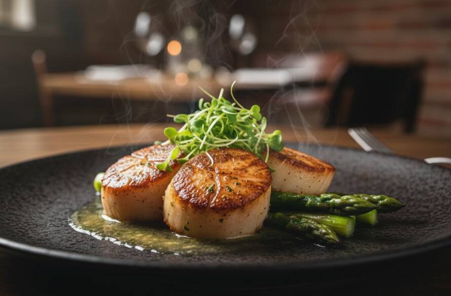 A dramatic, close-up shot of a perfectly plated, sizzling dish from a Scoresby restaurant, highlighting the textures and vibrant colours, embodying Scoresby restaurant food photography that captures flavour with steam rising artfully.