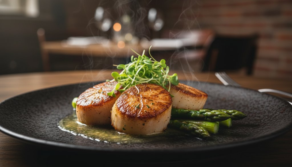 A dramatic, close-up shot of a perfectly plated, sizzling dish from a Scoresby restaurant, highlighting the textures and vibrant colours, embodying Scoresby restaurant food photography that captures flavour with steam rising artfully.