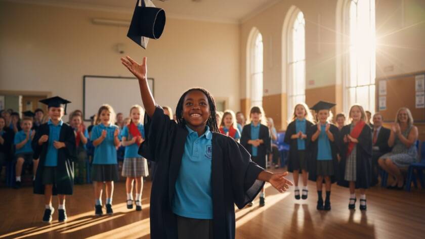 An emotional, cinematic photograph showing a group of diverse primary school students in Scoresby cheering joyfully during a graduation ceremony, with the afternoon sun creating a beautiful lens flare, embodying Scoresby school photography capturing genuine smiles and cherished memories.