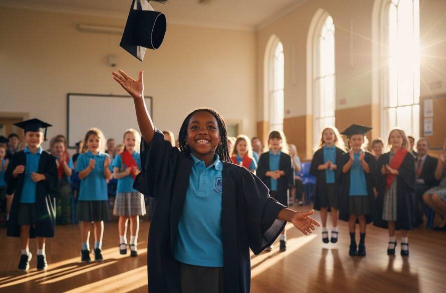 An emotional, cinematic photograph showing a group of diverse primary school students in Scoresby cheering joyfully during a graduation ceremony, with the afternoon sun creating a beautiful lens flare, embodying Scoresby school photography capturing genuine smiles and cherished memories.