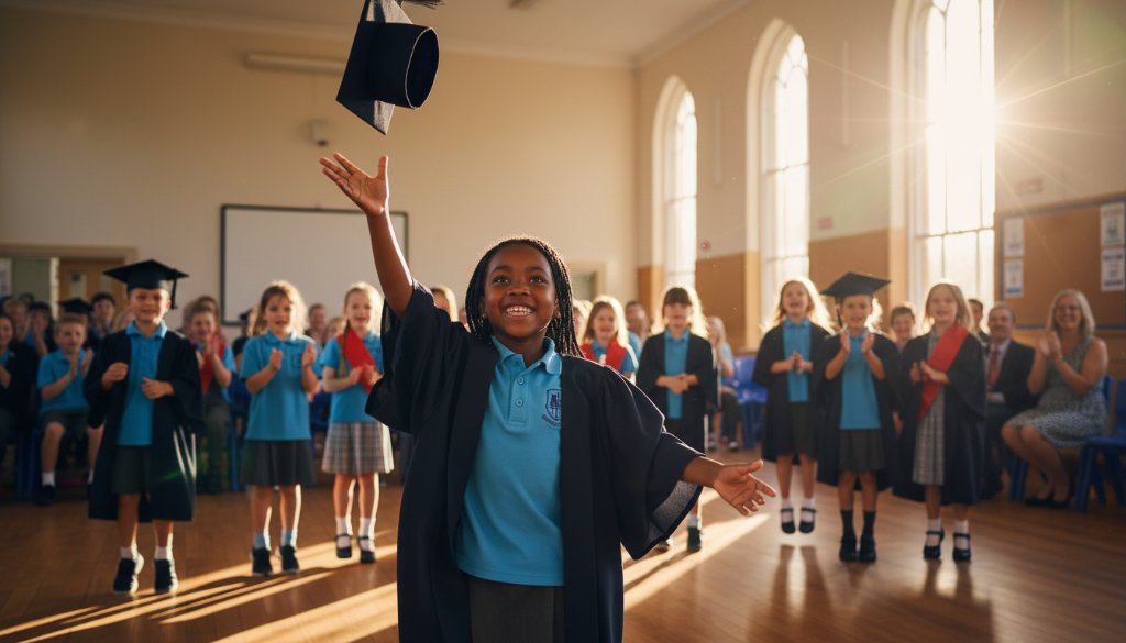 An emotional, cinematic photograph showing a group of diverse primary school students in Scoresby cheering joyfully during a graduation ceremony, with the afternoon sun creating a beautiful lens flare, embodying Scoresby school photography capturing genuine smiles and cherished memories.